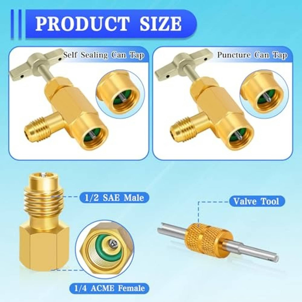 Brass can tap adapter diagram with threaded male and ACME female connectors and tool