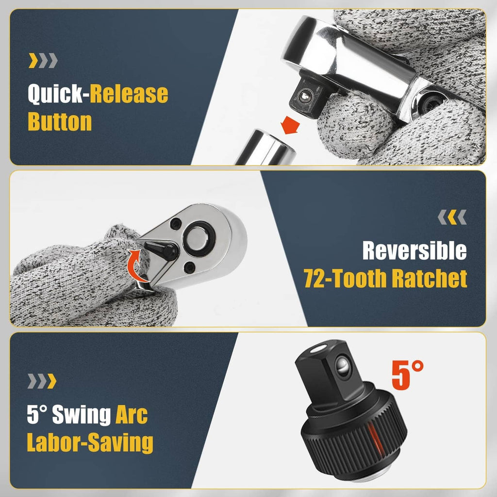 Flex-head ratchet wrench with visible quick-release button and reversible head