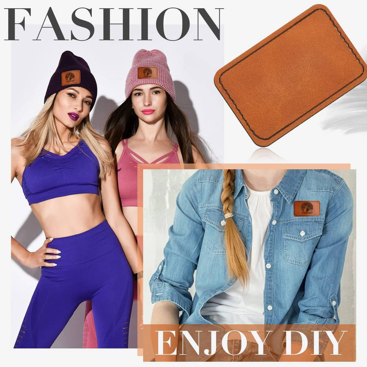 Tan rectangular stitched leatherette patch, blank with rounded corners for DIY
