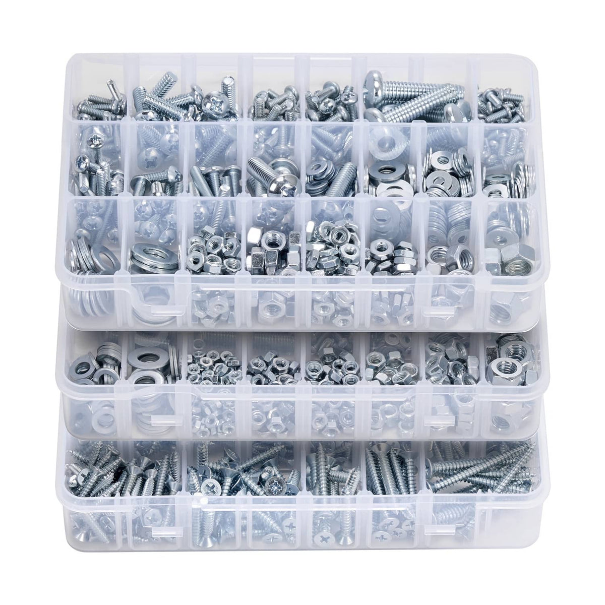 Close-up of clear organizer compartments filled with silver bolts, nuts, and washers