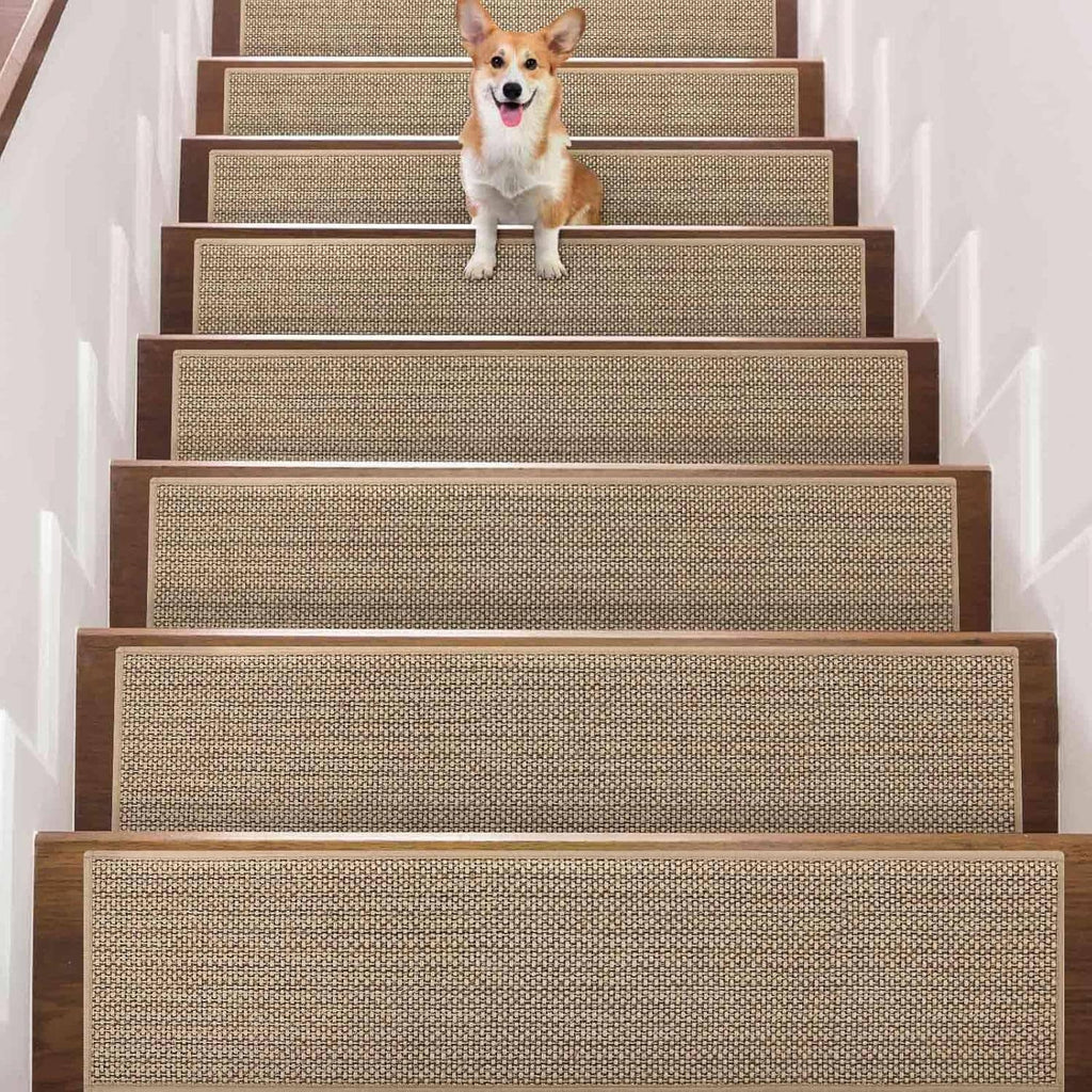 Peel-and-stick non-slip stair tread carpet, beige woven texture for wooden steps