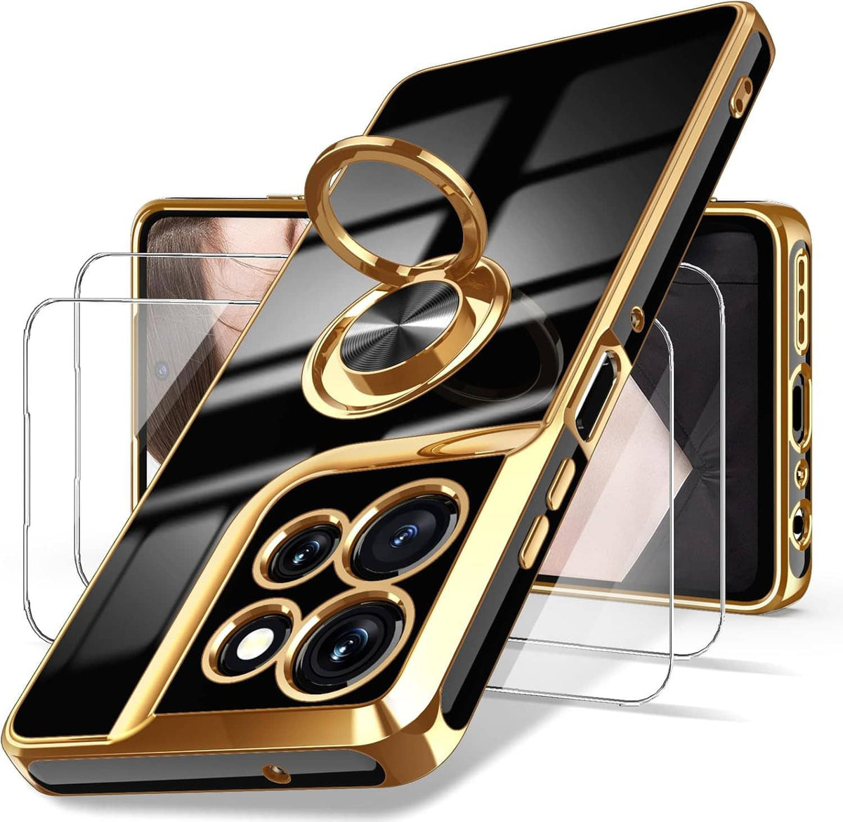 Gold phone case with rotating ring holder, dual camera cutouts, and screen protectors