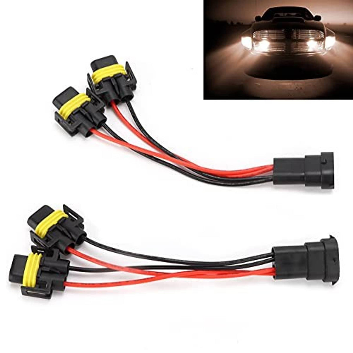 2-way H11/H8 wiring splitter connector set with four yellow-tipped clips and red/black wires