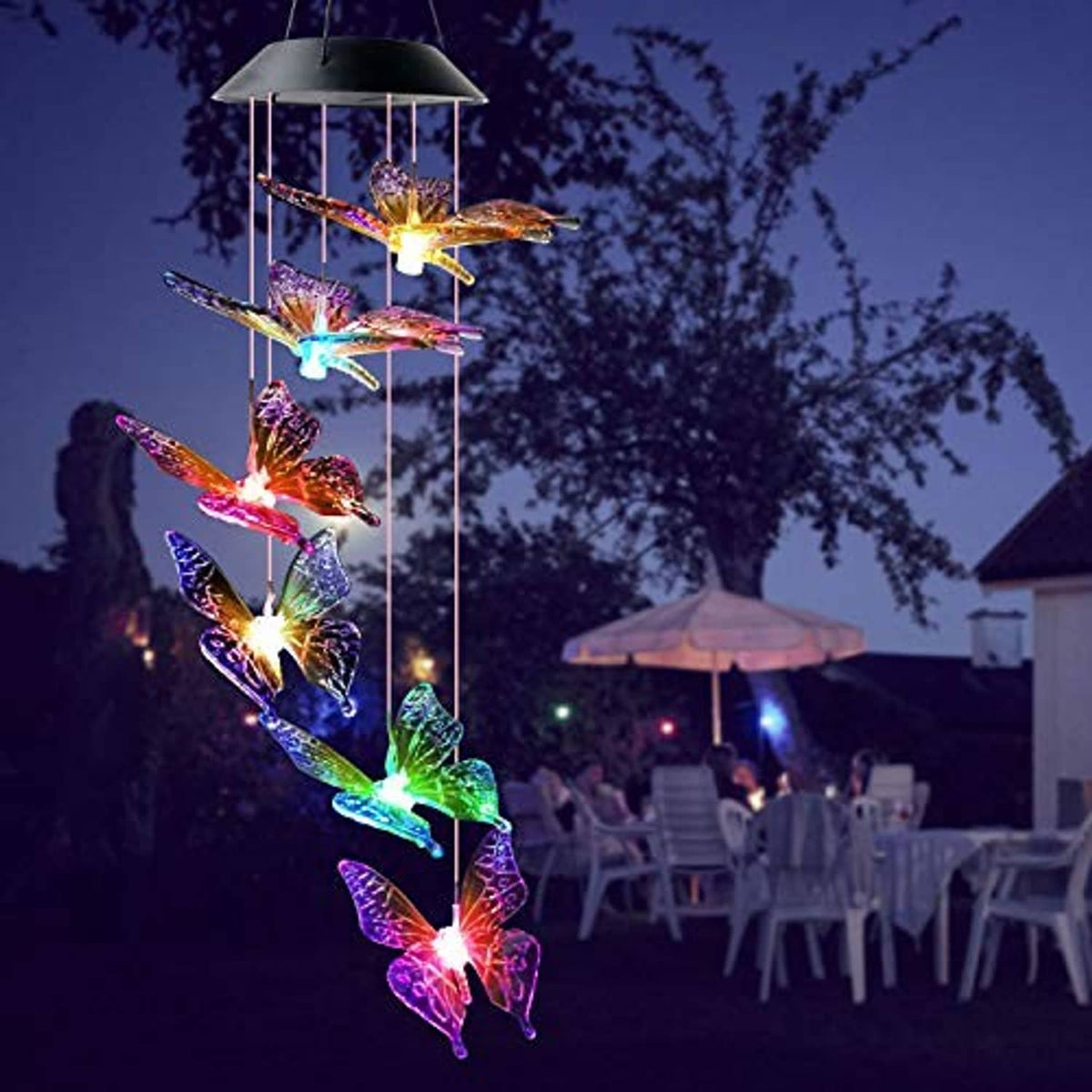 Solar wind chime with multicolored glowing butterfly charms on vertical hanging rods