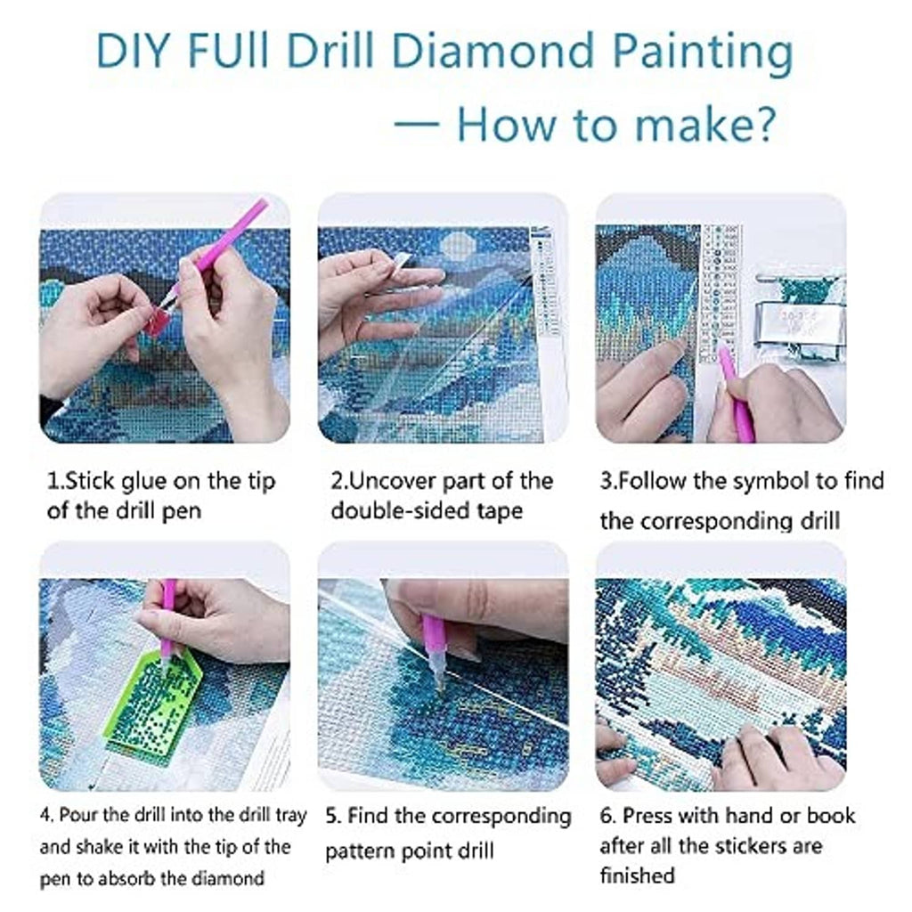 DIY full drill diamond painting step guide with hands applying drills