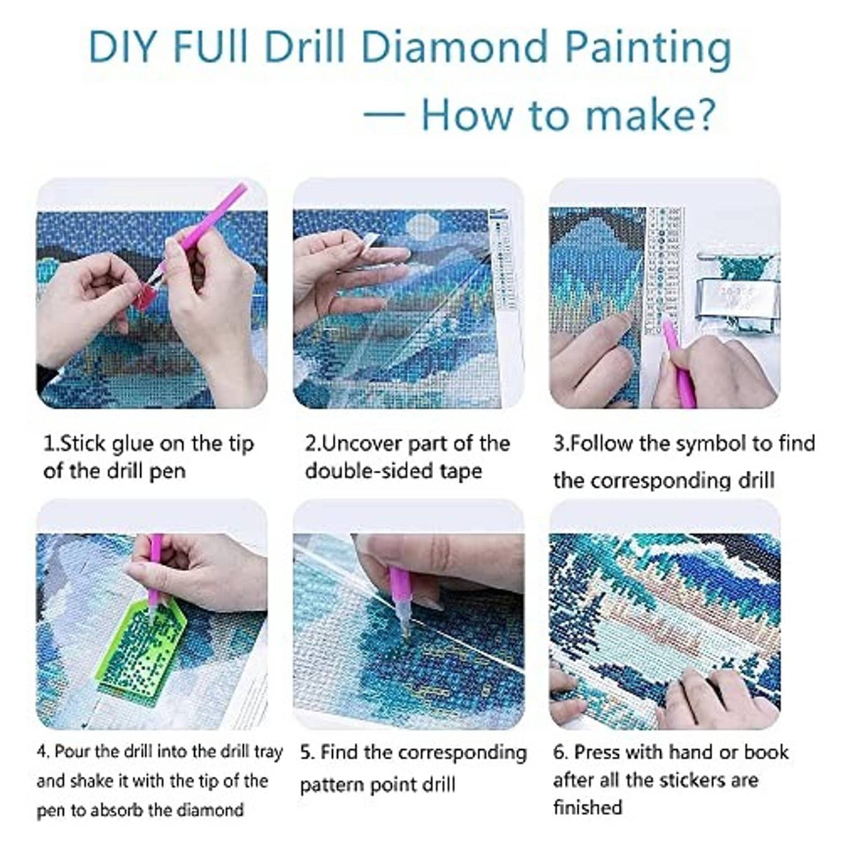 DIY full drill diamond painting step guide with hands applying drills