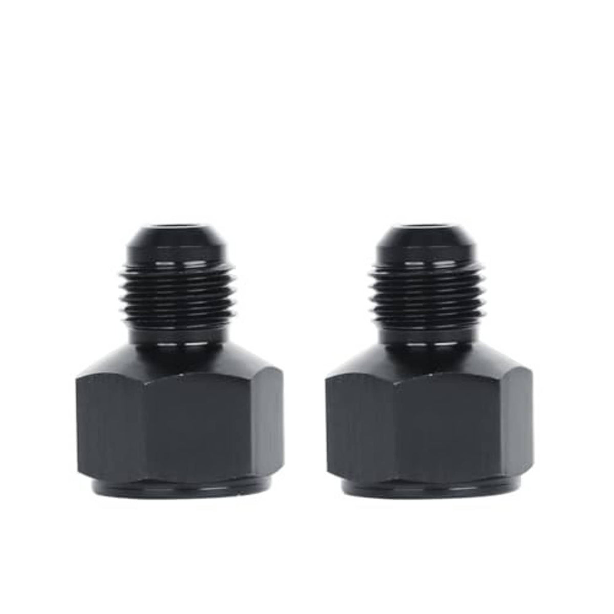 AN flare reducer adapter, black aluminum tapered hex fitting with dual threaded ends