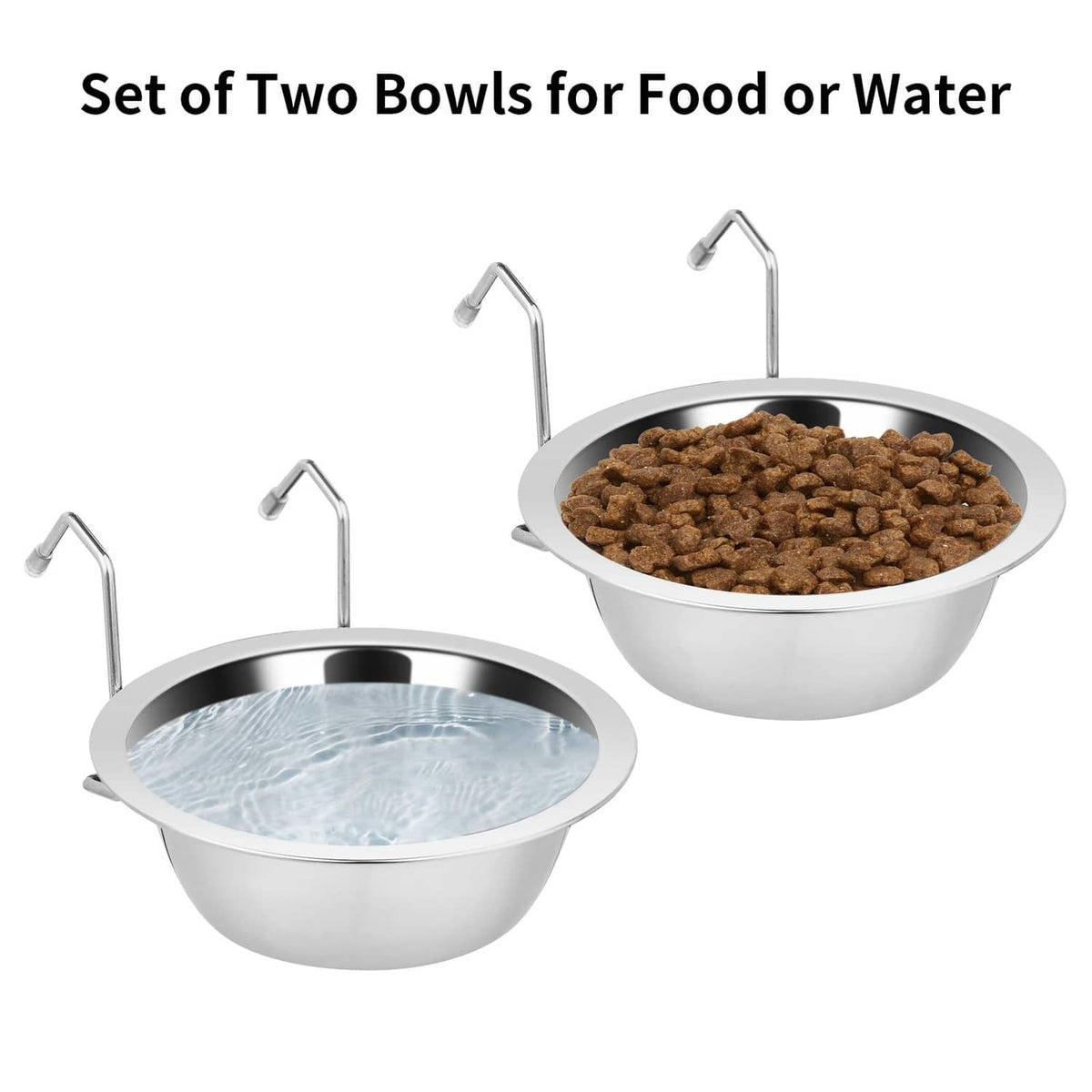 Two stainless steel hanging bowls for food or water, one filled with kibble