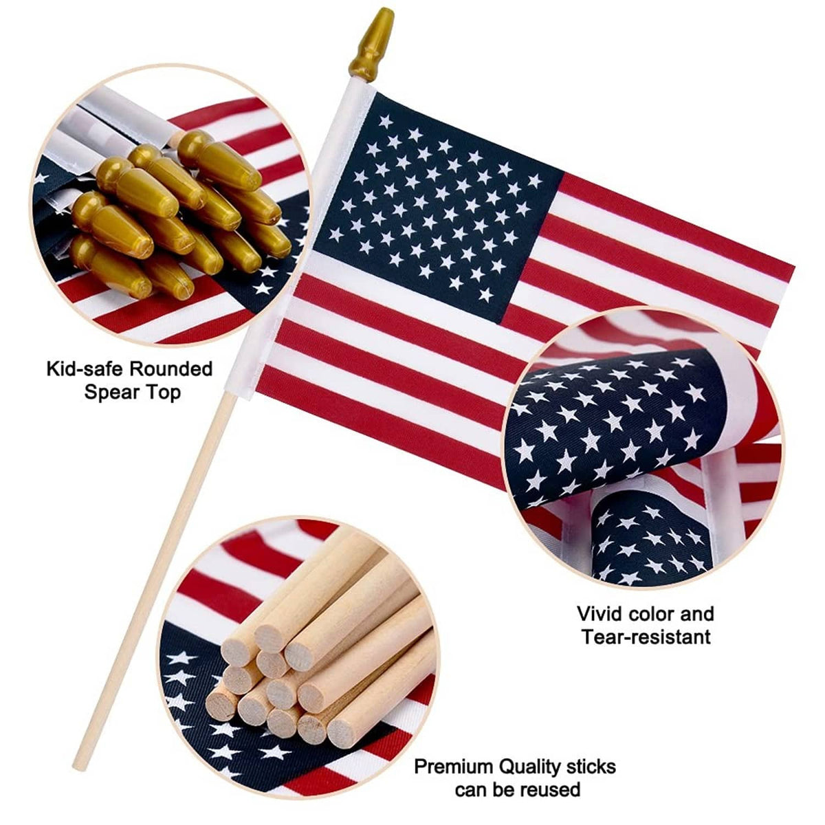 Small US flags on wooden sticks with rounded spear tops and tear-resistant fabric