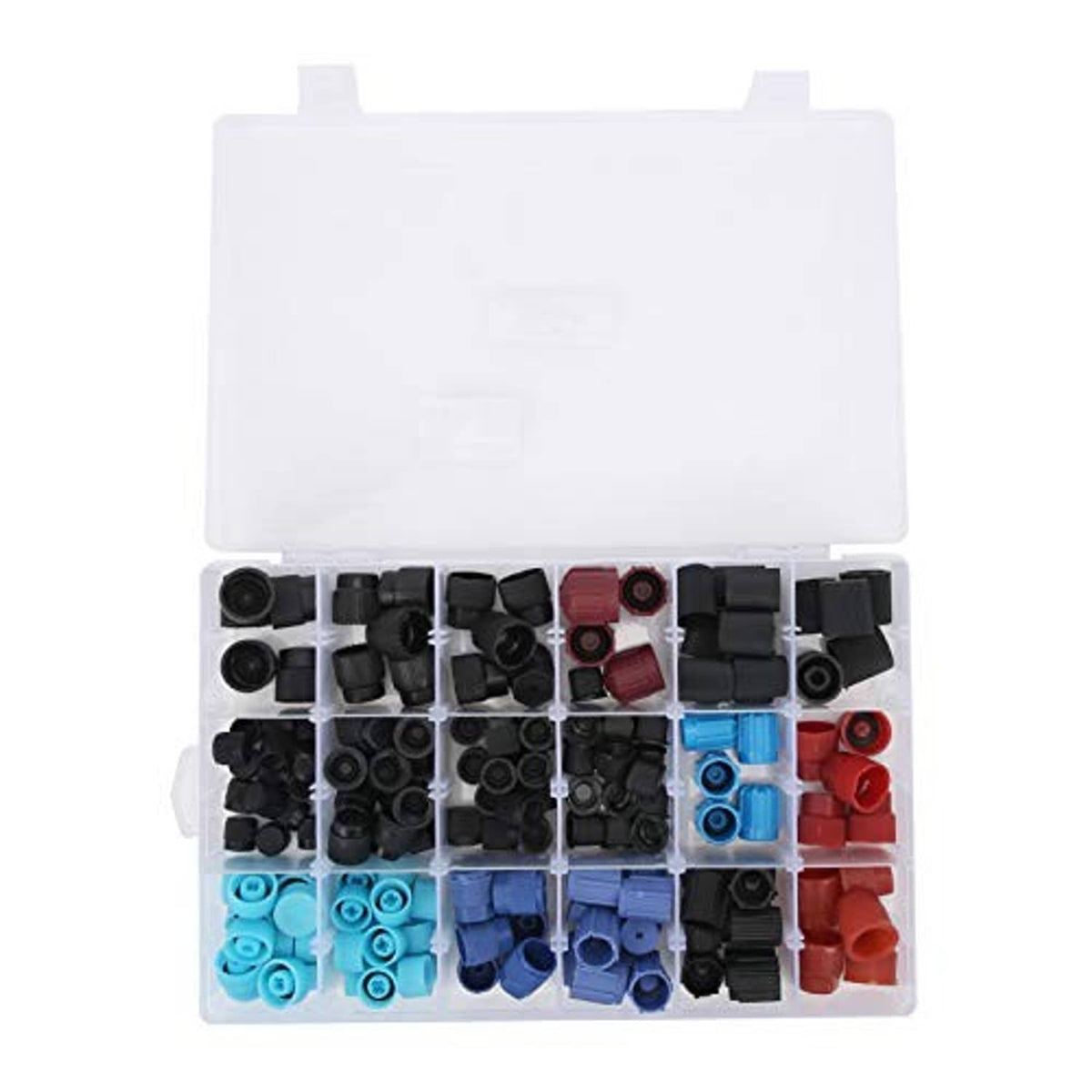 AC valve core cap assortment in clear organizer with white lid, black, blue, and red caps