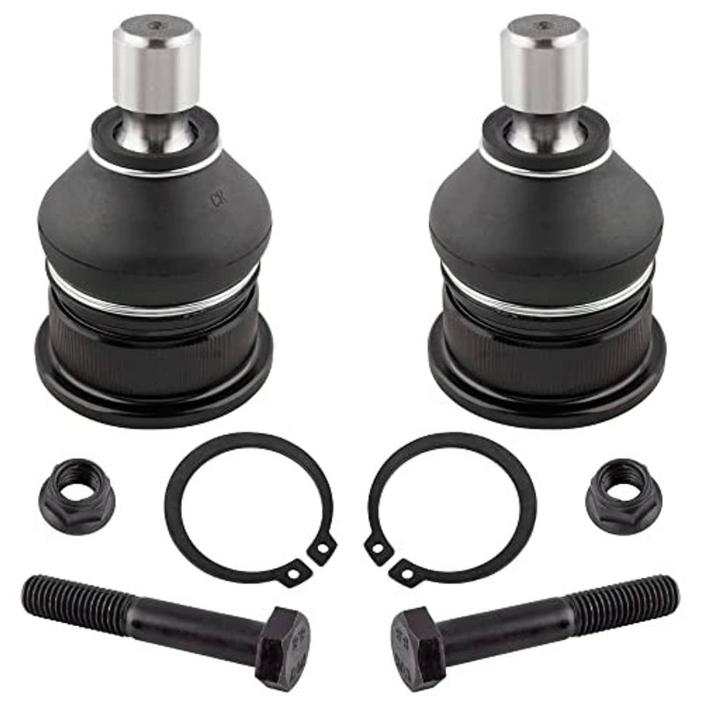 Pair of upper ball joints with black rubber housings, metal caps, and O-rings