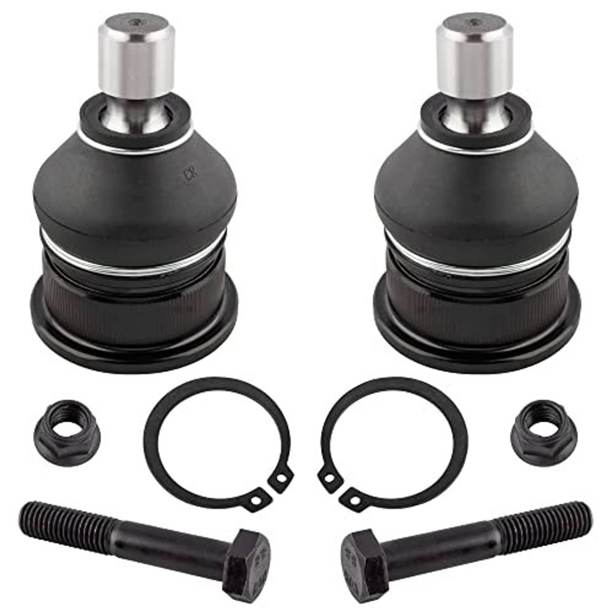 Pair of upper ball joints with black rubber housings, metal caps, and O-rings