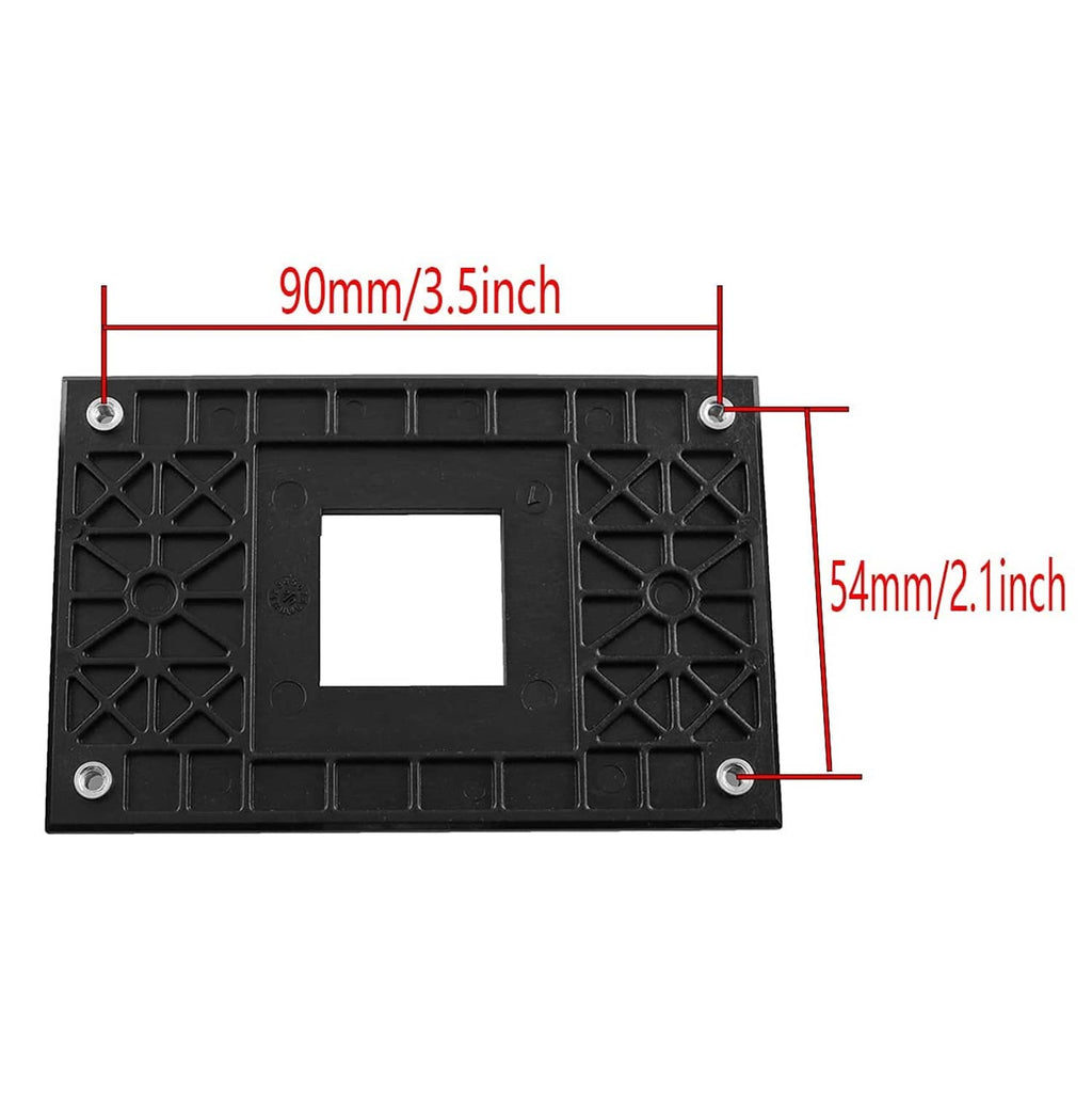 Black CPU cooler mounting plate, 90mm by 54mm with corner screw holes