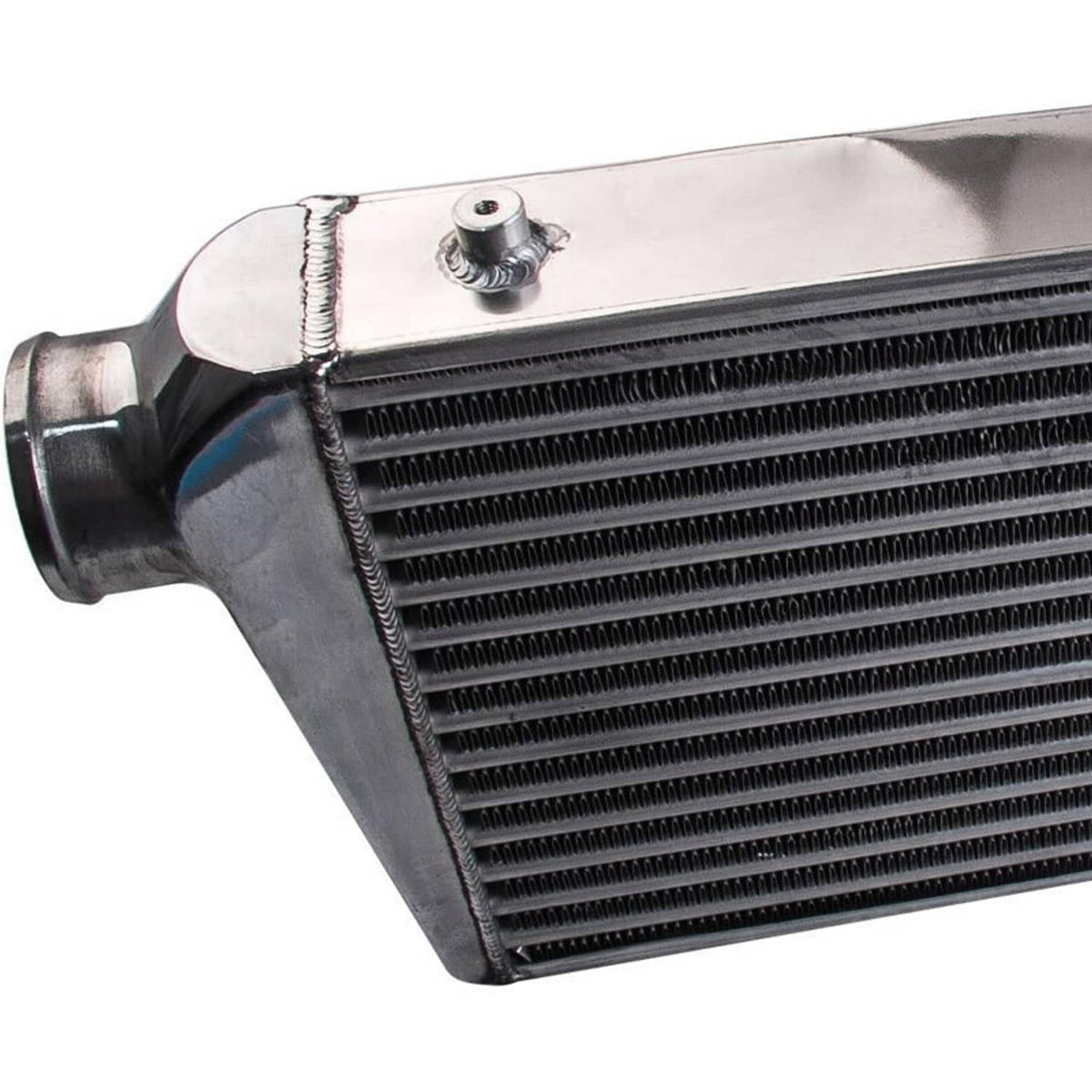 Front mount intercooler showing inlet hose connection and fin core with top fitting