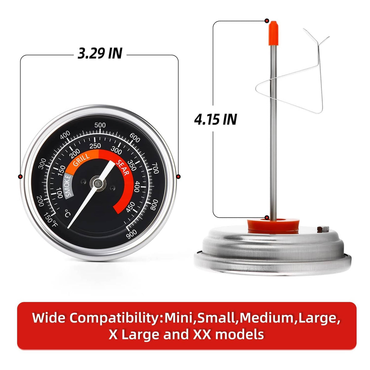 Round grill thermometer gauge with stainless mounting base and orange-tipped probe