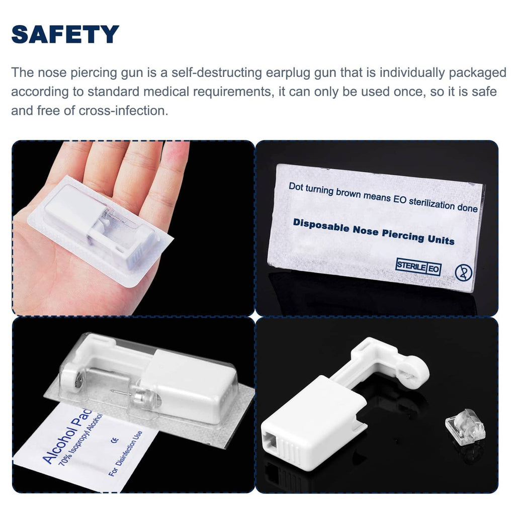 Disposable nose piercing units in sealed case with sterilized self-piercing gun