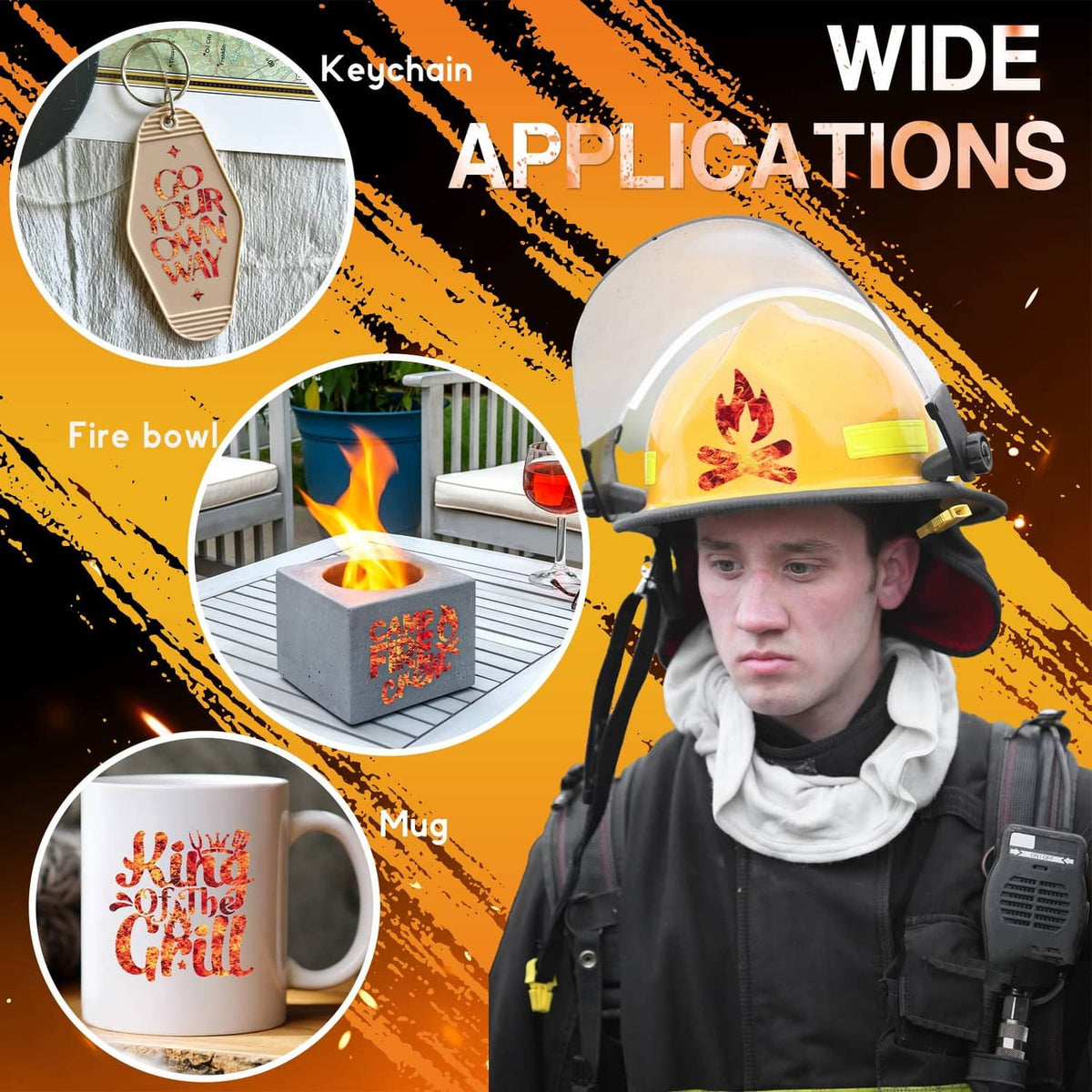 Flame-pattern vinyl for wide applications shown on fireproof gear and mugs