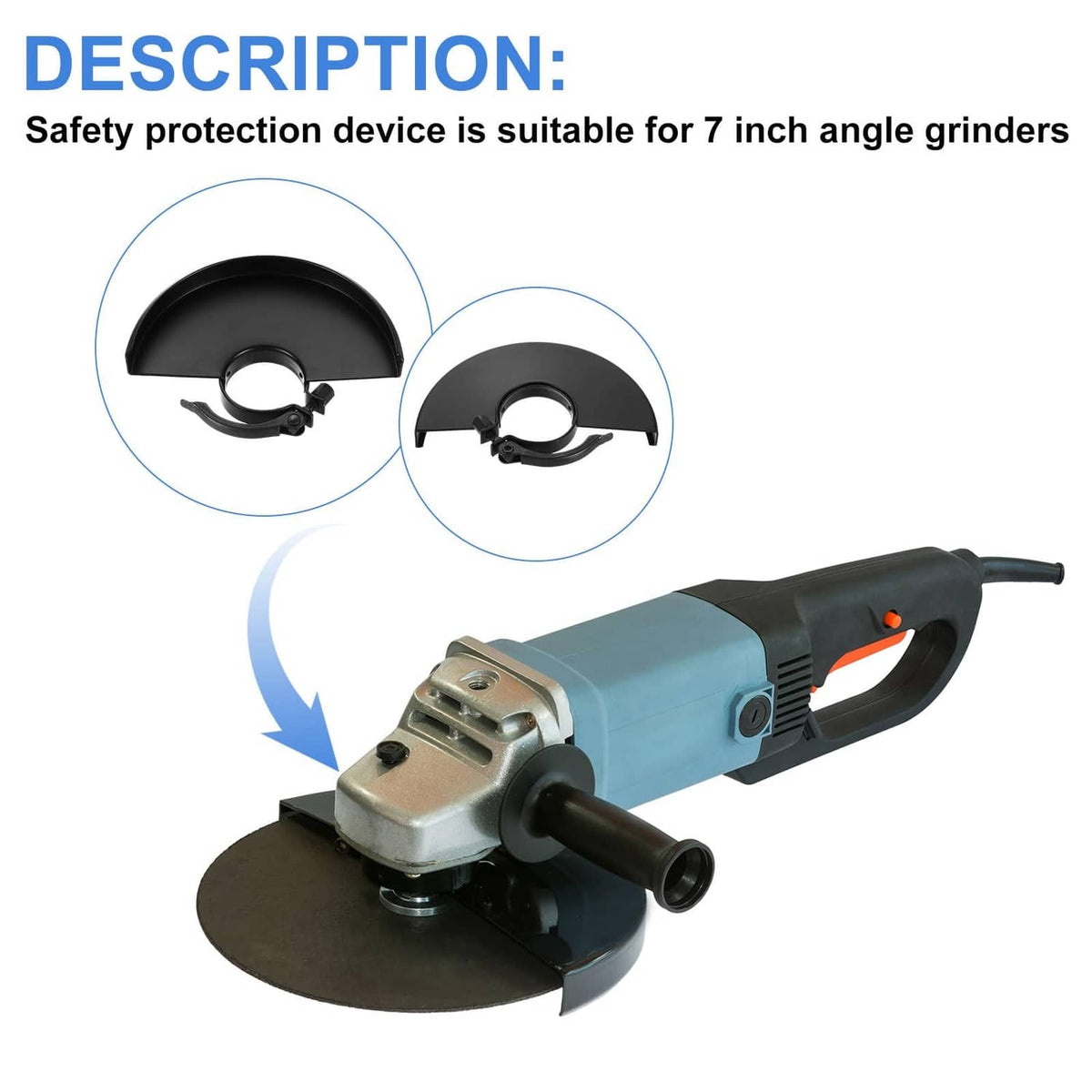 Angle grinder with black safety guard cover installed