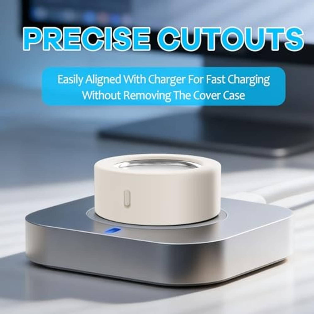 Light beige ring cover case on a charging dock, with circular opening and side notch