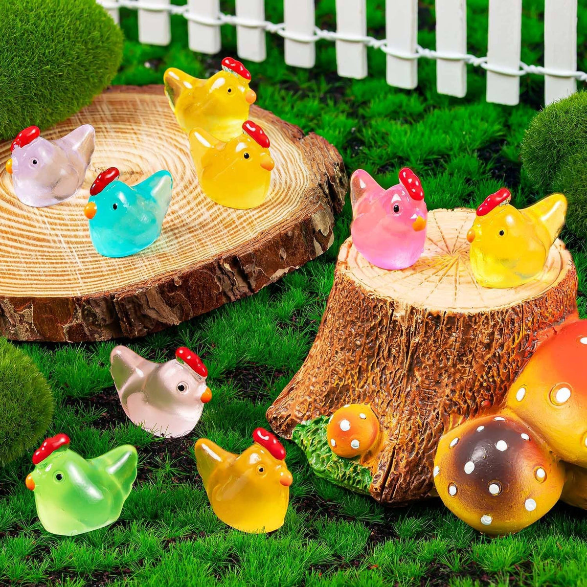 Mini chicken figurines around two tree stumps, multicolor glossy resin chicks