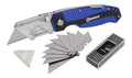 Kobalt foldable utility knife with blue grip, includes multiple steel blades and storage case
