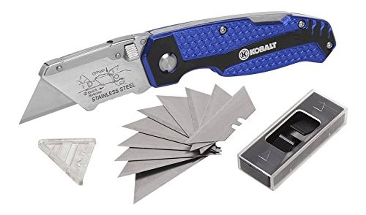 Kobalt foldable utility knife with blue grip, includes multiple steel blades and storage case