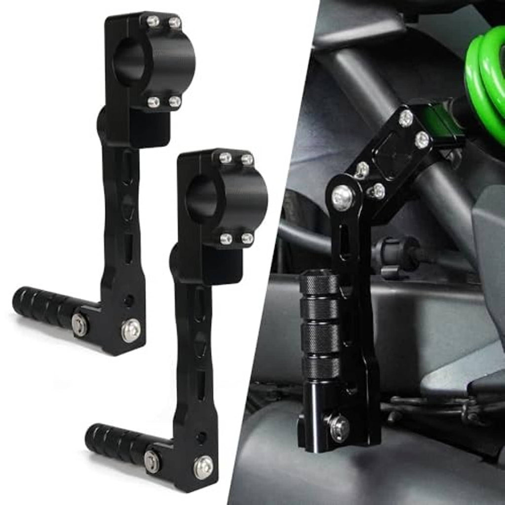 Black adjustable foot peg mount with rotating bracket and textured footrest