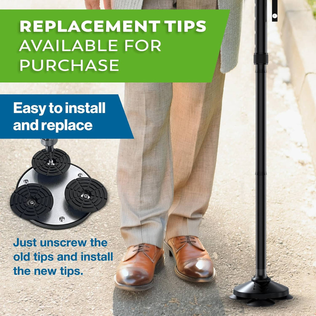 Walking cane with replaceable quad base tips and four grip foot pads