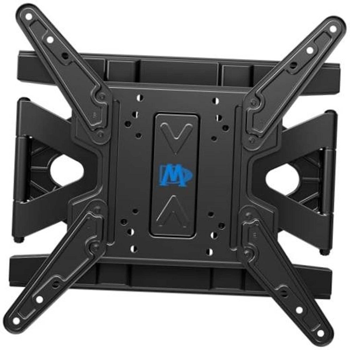 Black low-profile articulating TV wall mount bracket with extended support arms