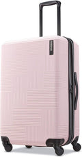 Pink blush hard-shell expandable spinner luggage with top handle and four wheels