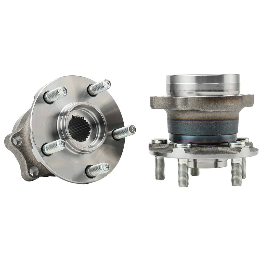 Two rear wheel hub bearings shown together from different angles, metal housing and studs