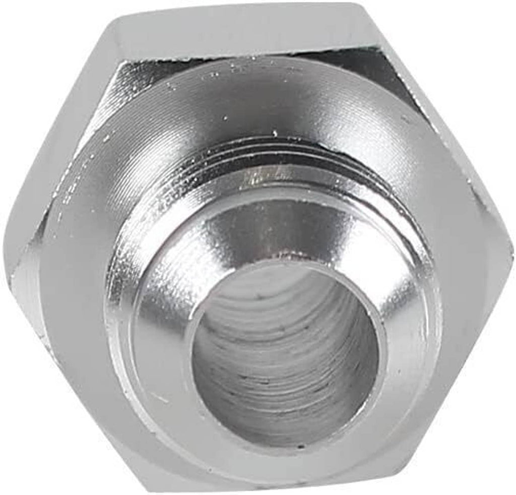 Hex-body adapter fitting with internal bore and threaded connection, chrome finish.