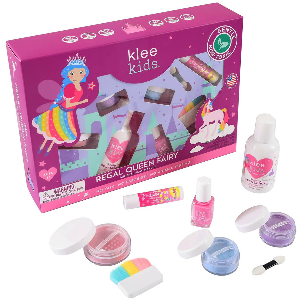 Kids mineral makeup kit box with set contents, bottles, jars, and applicator brush