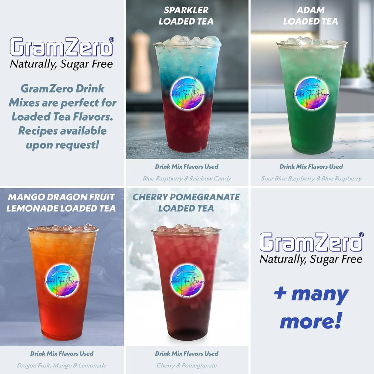 GramZero sugar-free drink mix promo collage with iced tea cup flavors