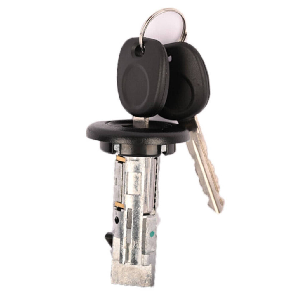 Ignition lock cylinder with black top cap and two keys, silver metal body