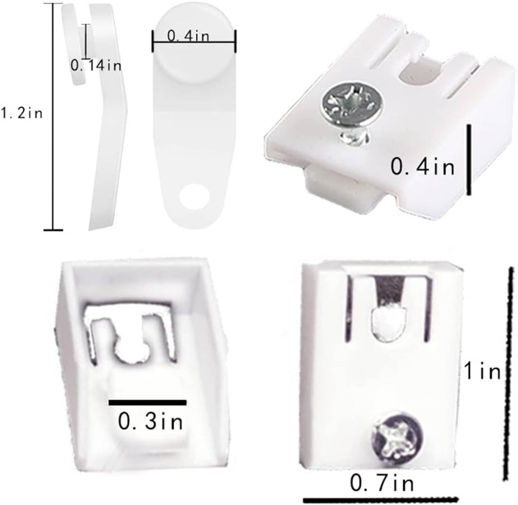 White plastic snap-in traverse rod curtain slides, close-up with size details