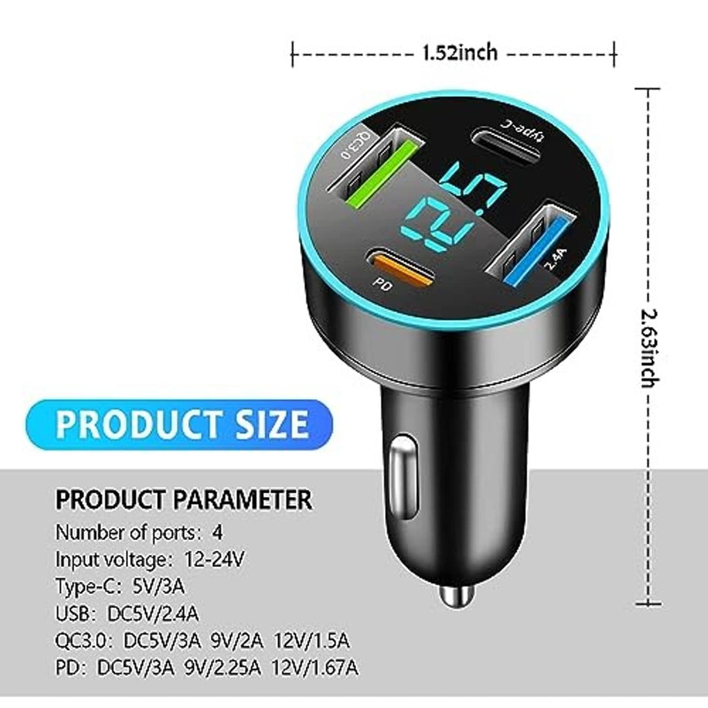 Black 4-port car charger with blue-ring voltmeter display and multiple USB port cutouts