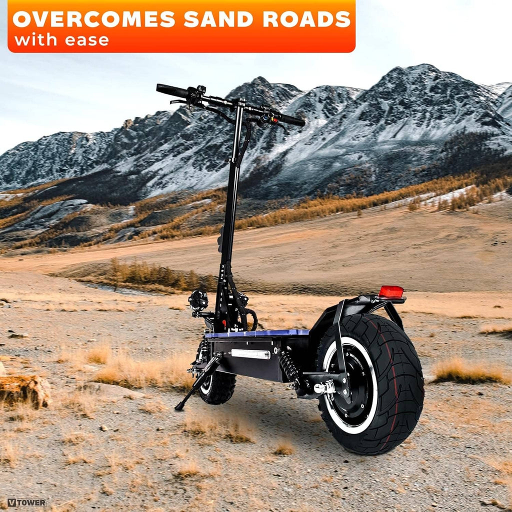 Black scooter tire on electric scooter wheel, deep off-road tread
