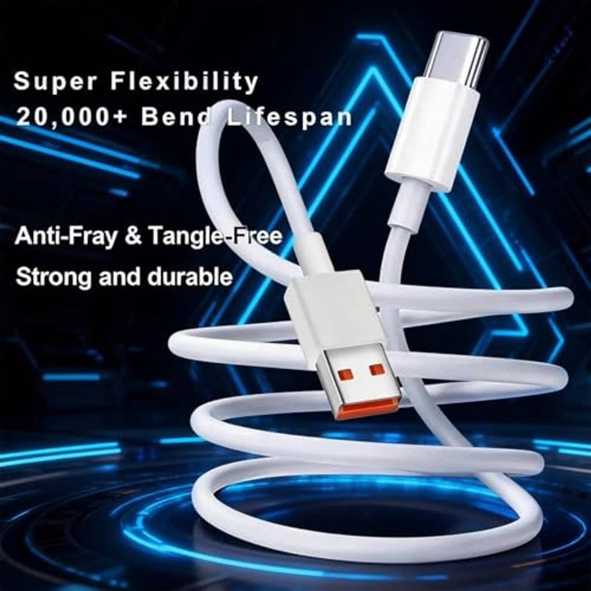 White USB-A to USB-C cable with flexible design and reinforced connector ends