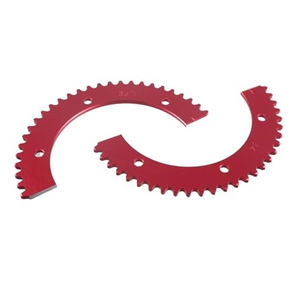 Maroon/red split chain sprocket segment with teeth and mounting holes