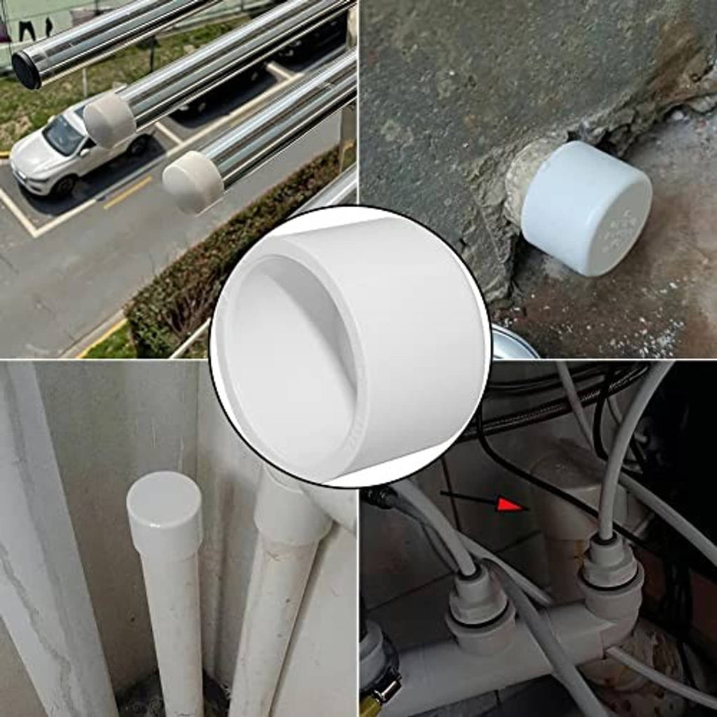 White PVC pipe end cap fitting covering pipe ends on outdoor plumbing