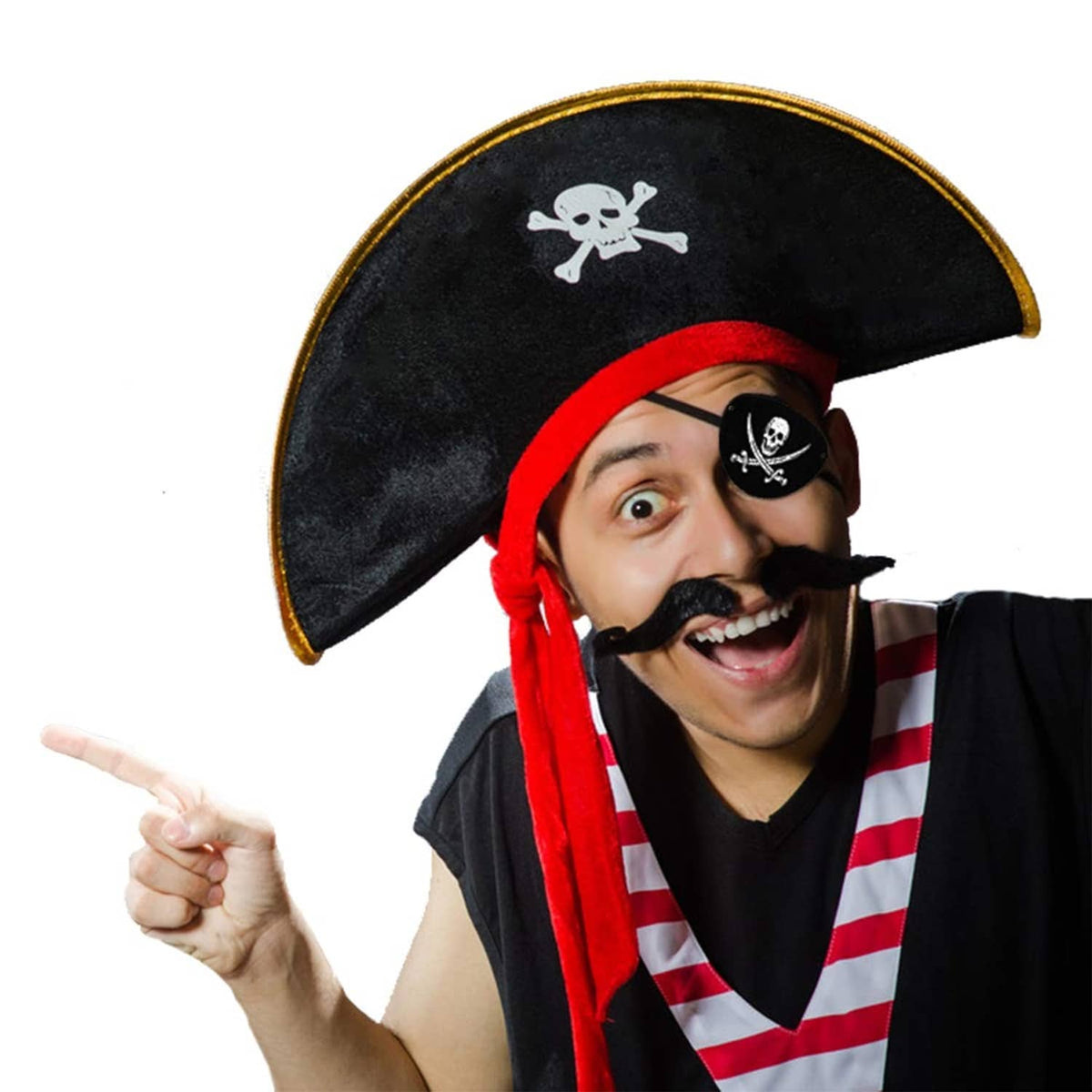 Pirate tricorn hat with skull emblem, gold edging, red band, and red hanging tie strips