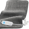 Gray electric heating pad with handheld controller and power cord.