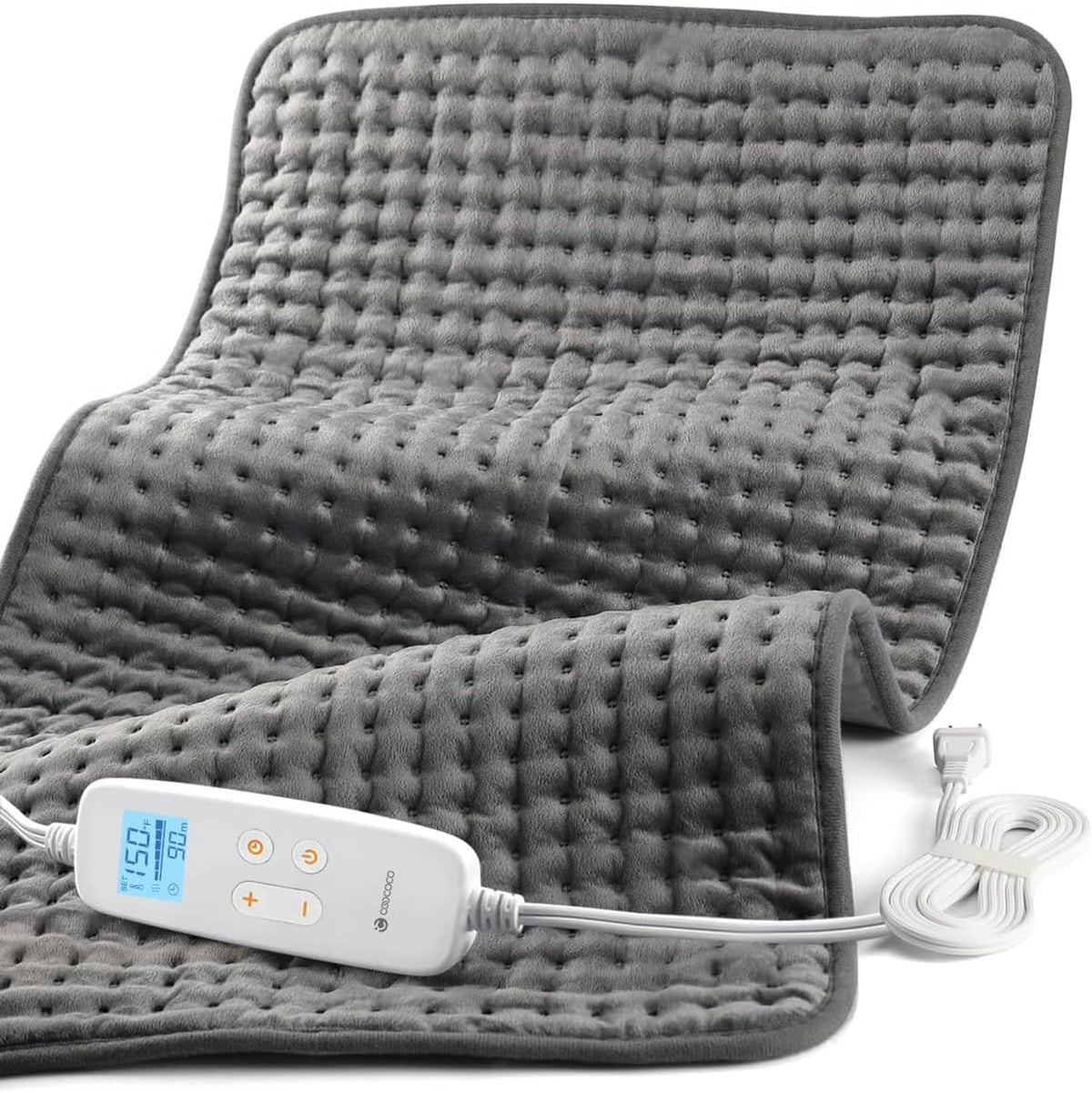 Gray electric heating pad with handheld controller and power cord.