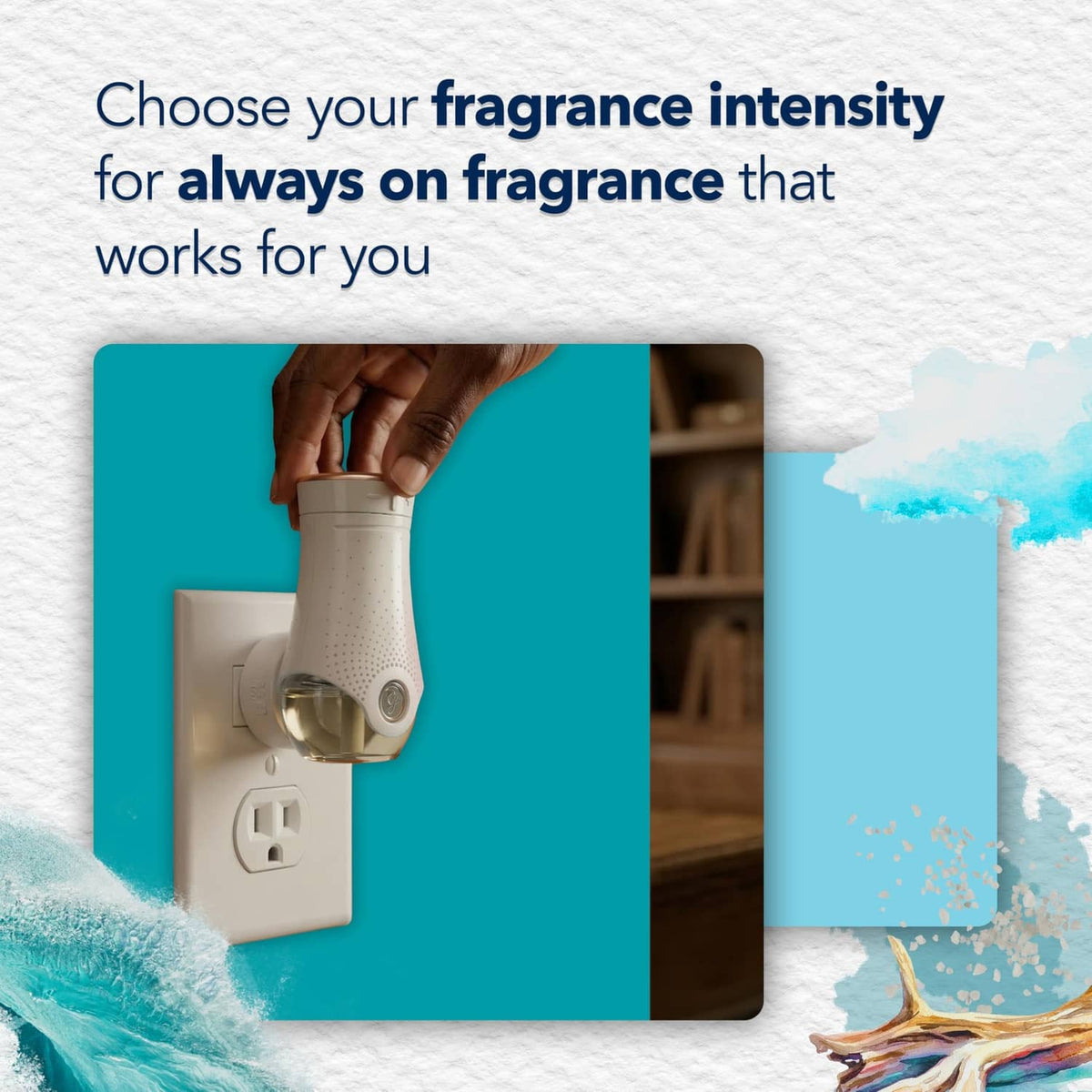 Air freshener plug-in refill shown with adjustable white plug base and handheld intensity setting