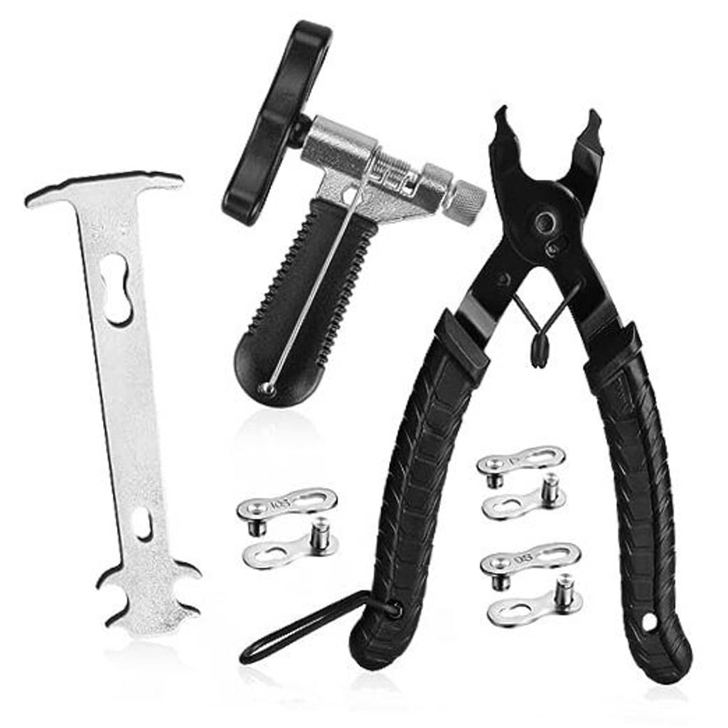 Bike chain repair tool kit with black chain breaker pliers, silver pin tool, and master links