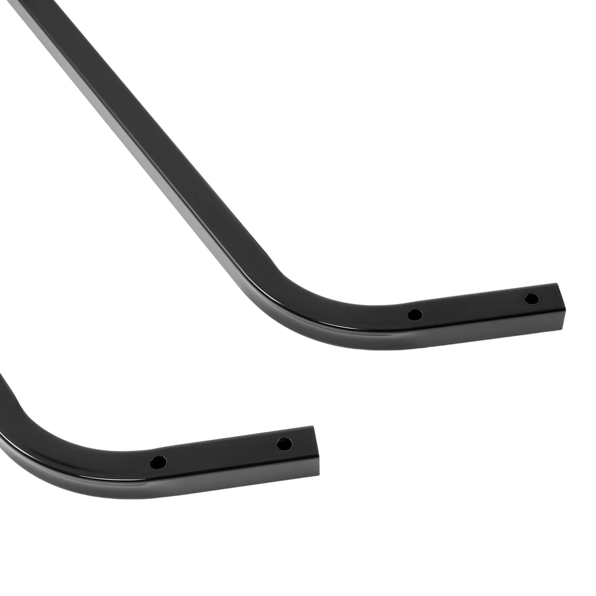Black steel roof support strut ends, curved sections with mounting holes