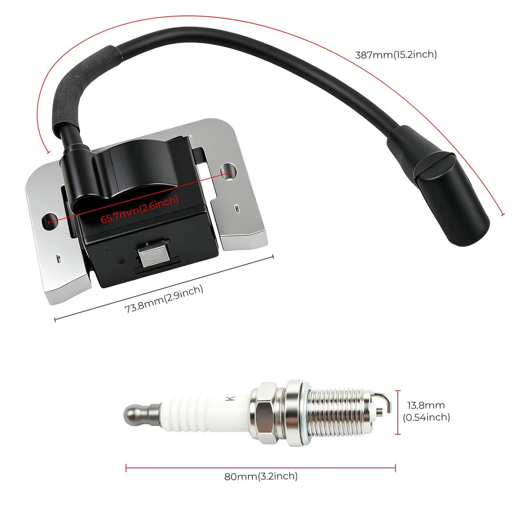 Ignition module with cable and spark plug, with size measurement labels