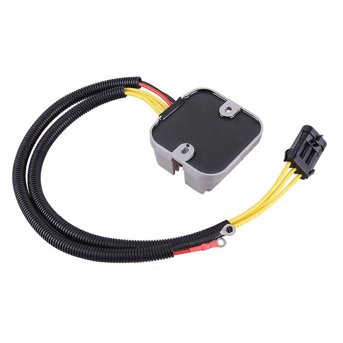 Voltage regulator rectifier with black cover and wire harness with two connector housings
