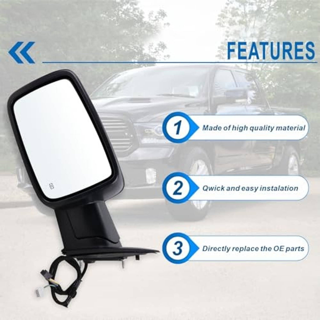 Black left driver-side mirror with clear glass and mounting base, angled view